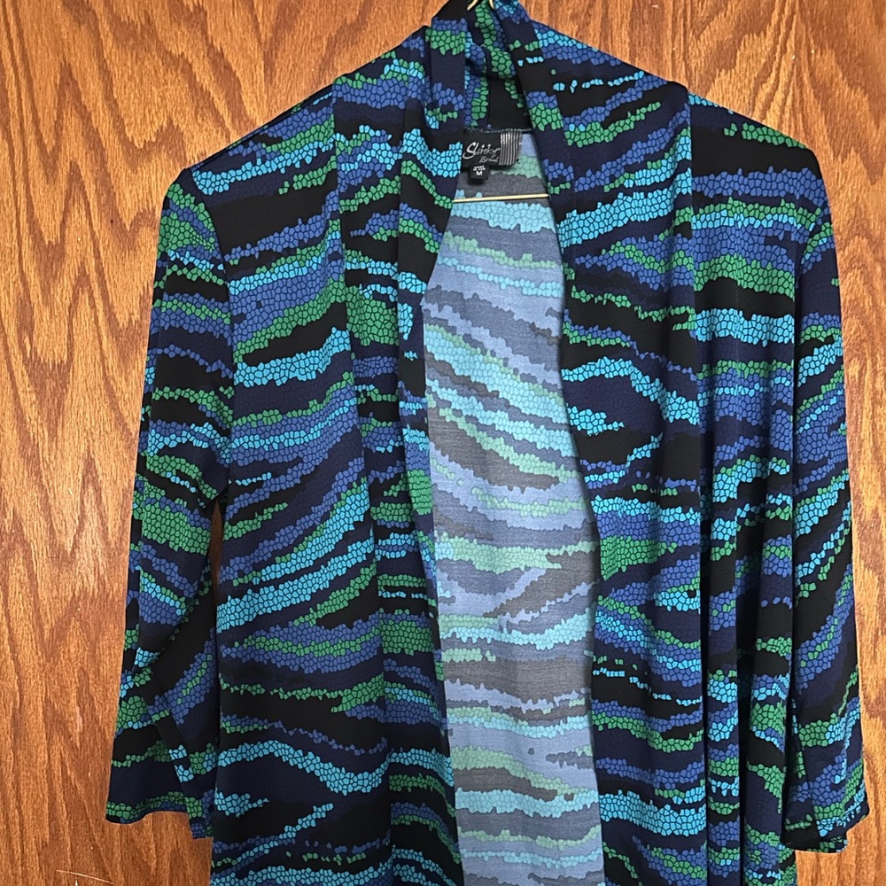Slinky Brand Open Front Cardigan M Abstract Wave Print Travel Knit Layering